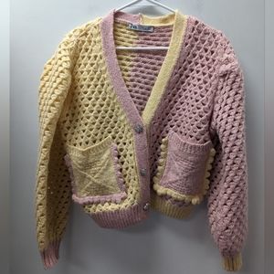 ZARA knit sweater color block pink and yellow size S alpaca and wool blend